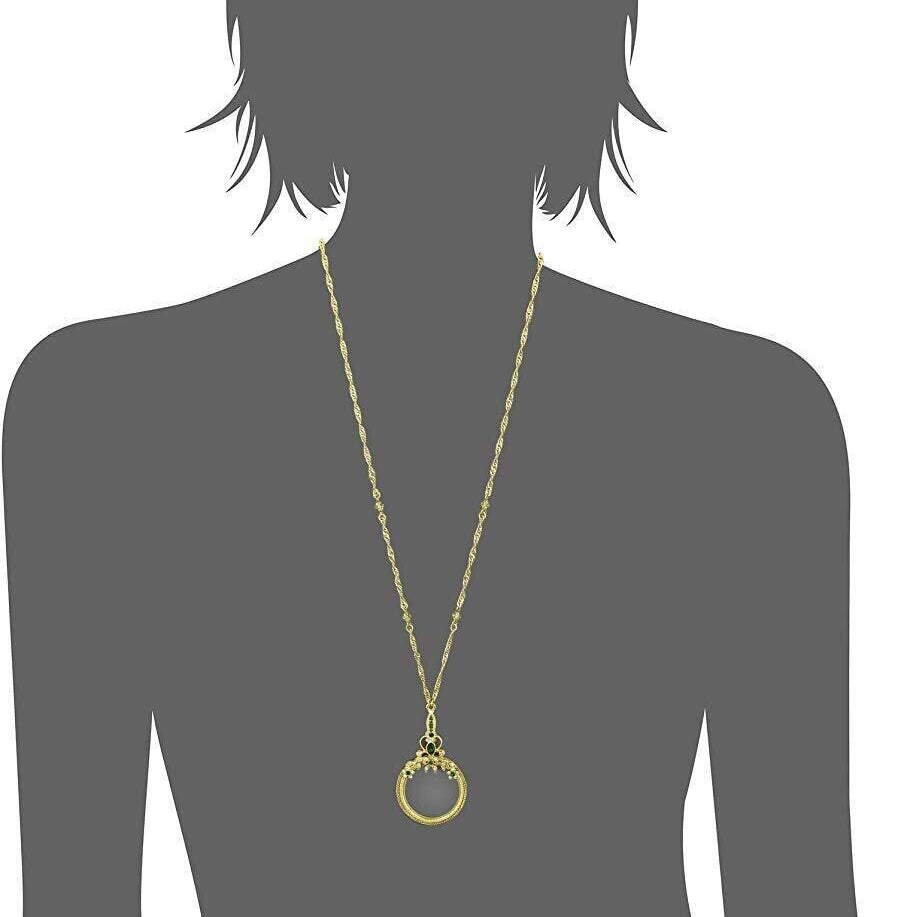 1928 Jewelry Floral Crystal Magnifying Glass Necklace 30" - Magnification Power: 2X