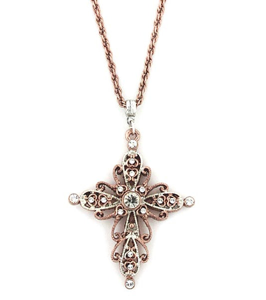 1928 Jewelry Filigree Rose Gold Tone Crystal Cross Pendant Necklace 30"