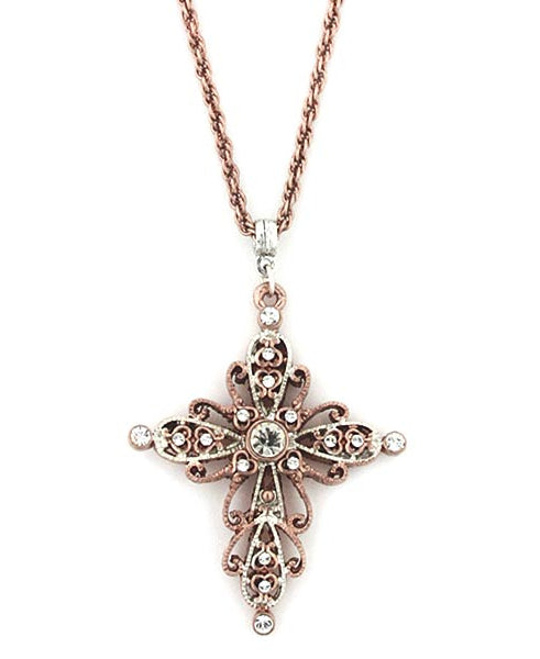 1928 Jewelry Filigree Rose Gold Tone Crystal Cross Pendant Necklace 30"