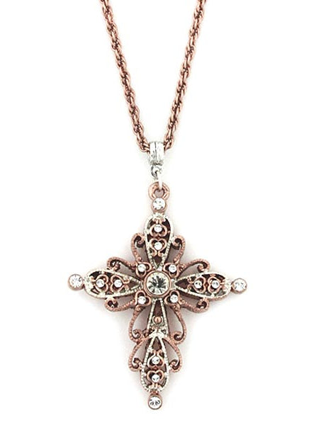 1928 Jewelry Filigree Rose Gold Tone Crystal Cross Pendant Necklace 30"