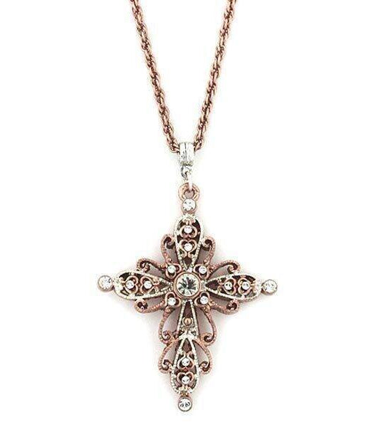1928 Jewelry Filigree Rose Gold Tone Crystal Cross Pendant Necklace 30"