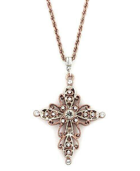 1928 Jewelry Filigree Rose Gold Tone Crystal Cross Pendant Necklace 30"
