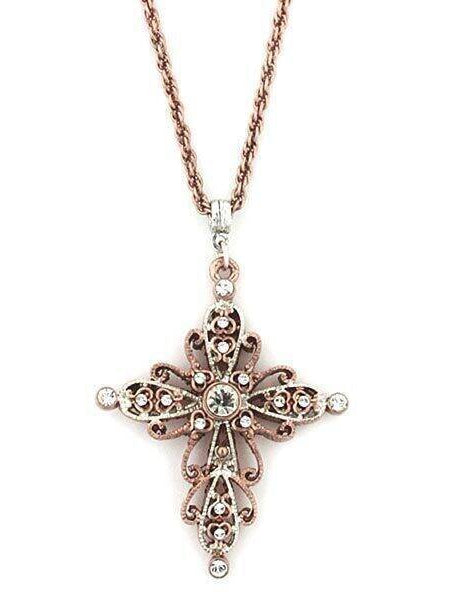 1928 Jewelry Filigree Rose Gold Tone Crystal Cross Pendant Necklace 30"