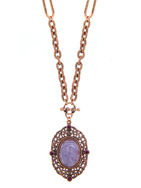 2028 Jewelry Amethyst Glass Quartz & Amethyst Crystal Filigree Pendant Necklace 30"