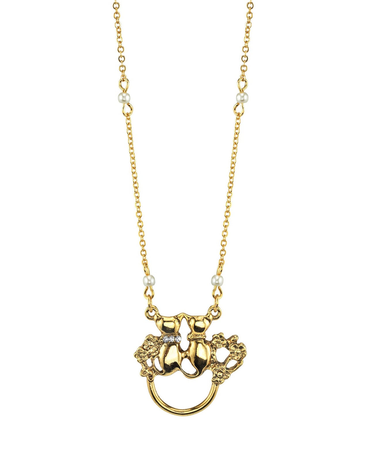 1928 Jewelry Faux Pearl Crystal Double Cat Badge & Eyeglass Holder Chain Necklace 28