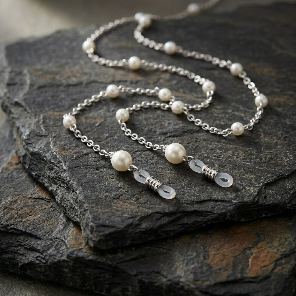 Faux Pearl Eyeglass Holder Chain Necklace on a dark stone surface