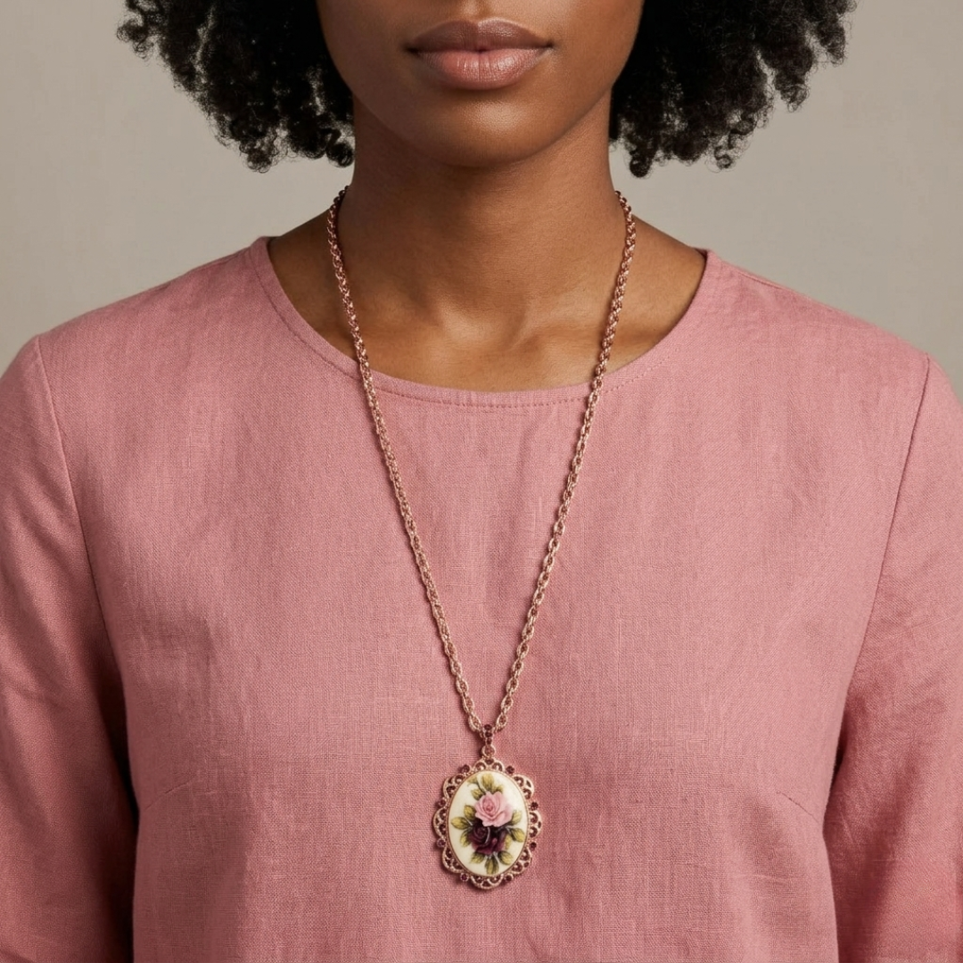 Person wearing a long necklace with a floral pendant on a plain background