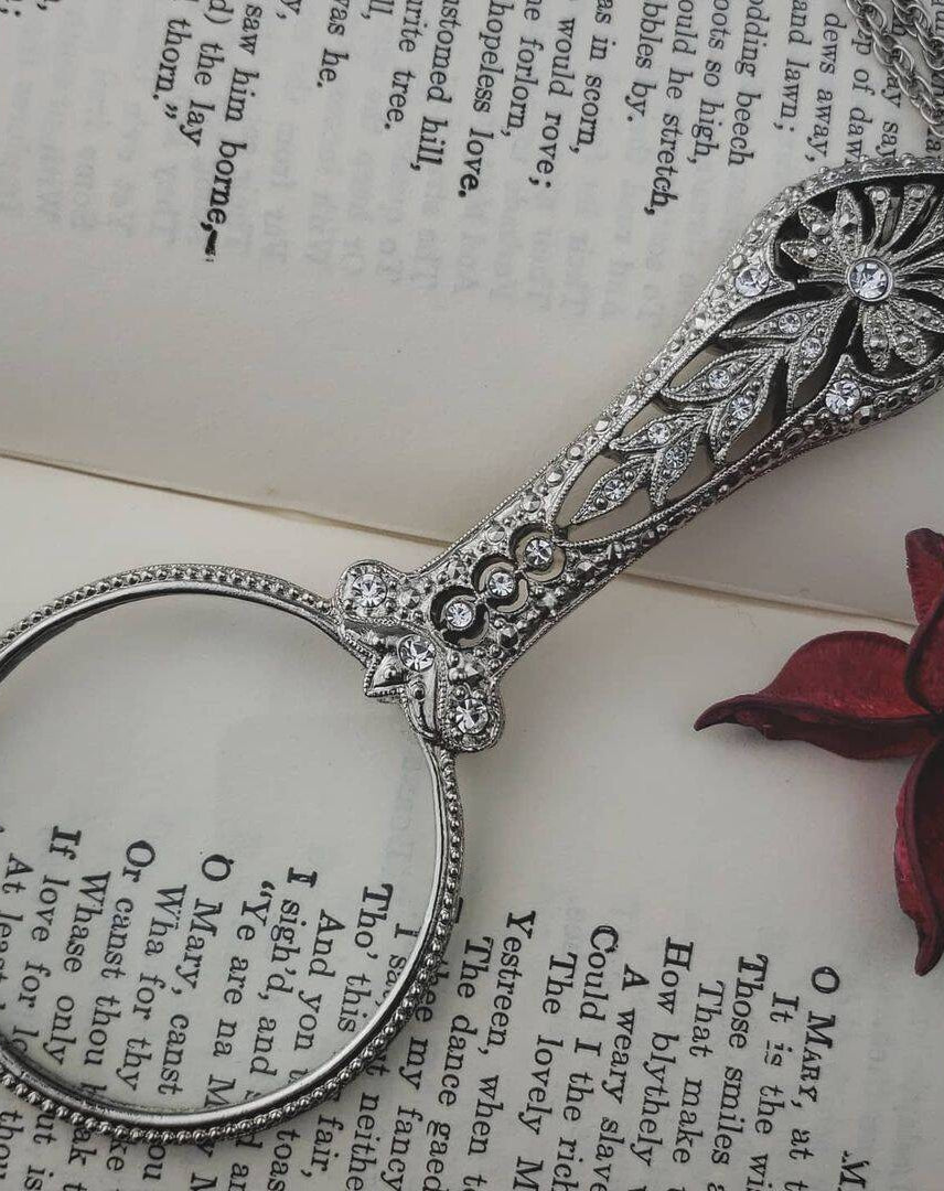 Antiquities Couture Double Sided Multi Crystal Magnifying Glass Necklace 30" - Magnification Power: 2X