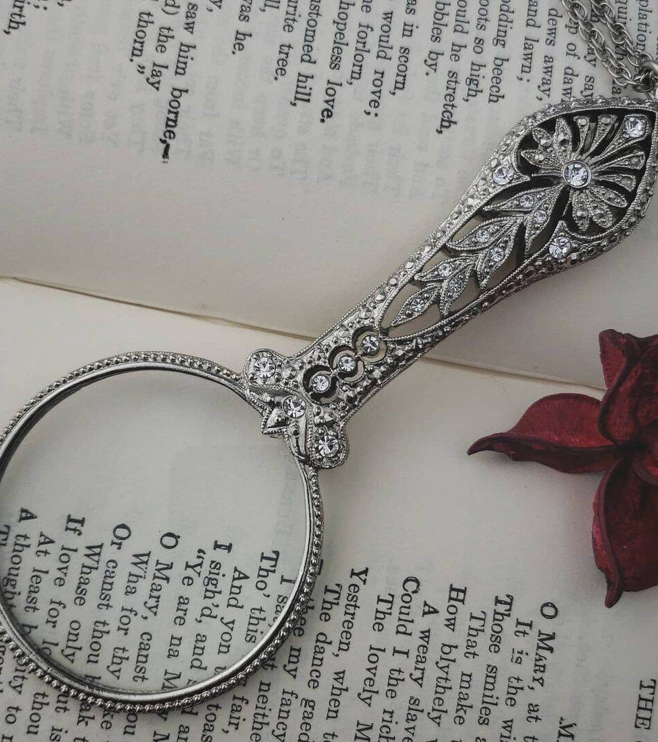 Antiquities Couture Double Sided Multi Crystal Magnifying Glass Necklace 30" - Magnification Power: 2X