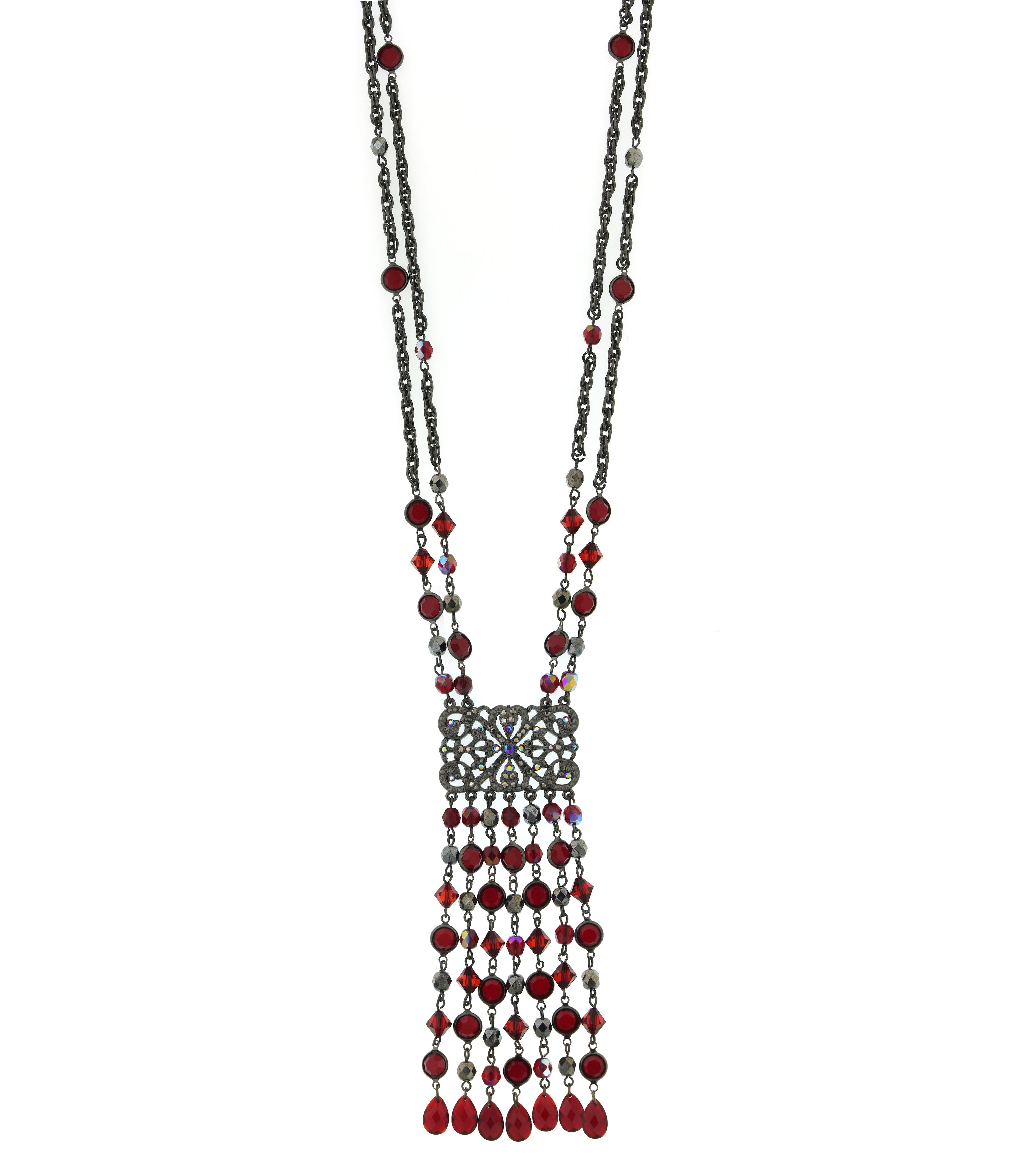 2028 Jewelry Siam Ab Crystal And Hematite Fringe Tassel Necklace 30"