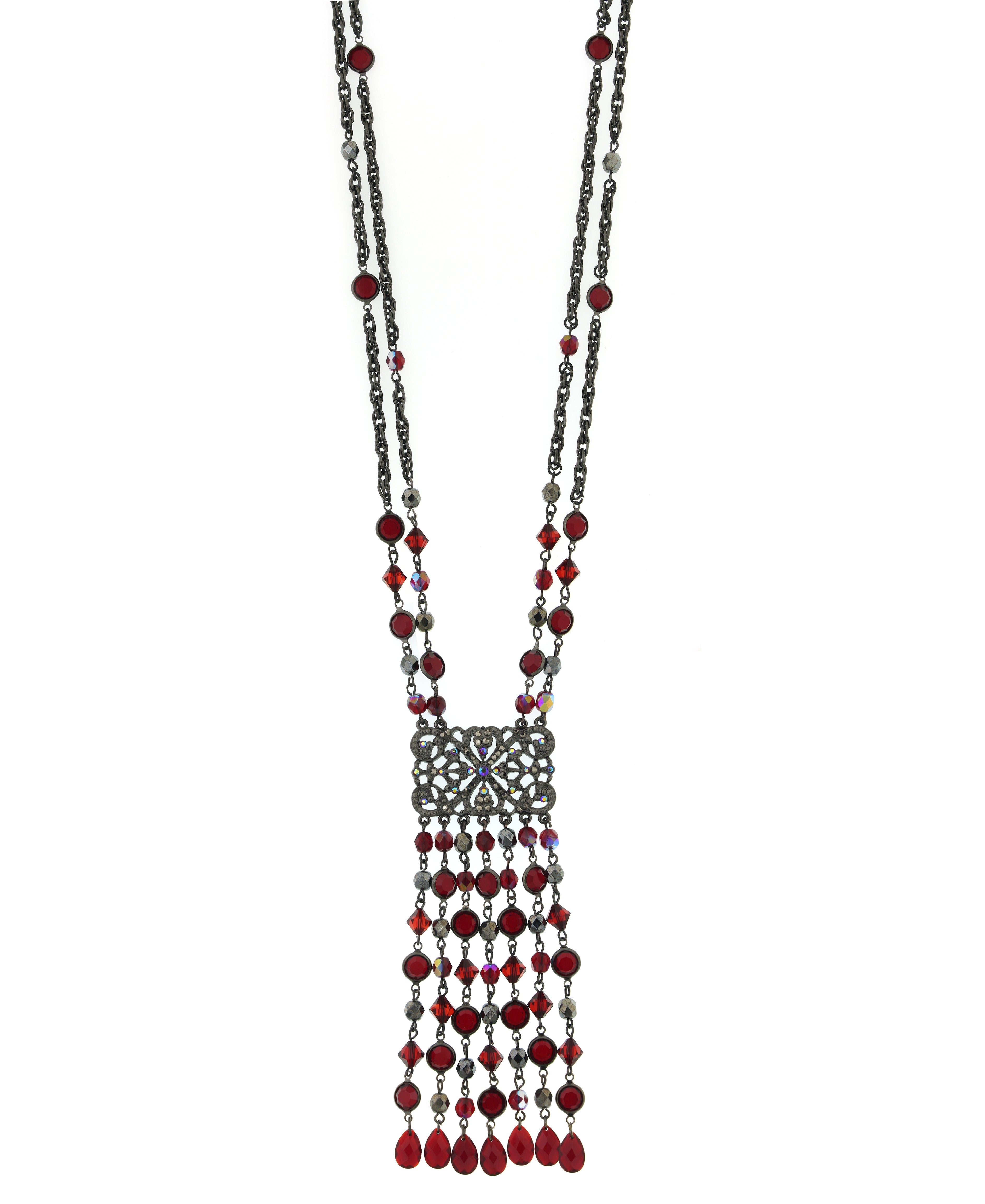 2028 Jewelry Siam Ab Crystal And Hematite Fringe Tassel Necklace 30"