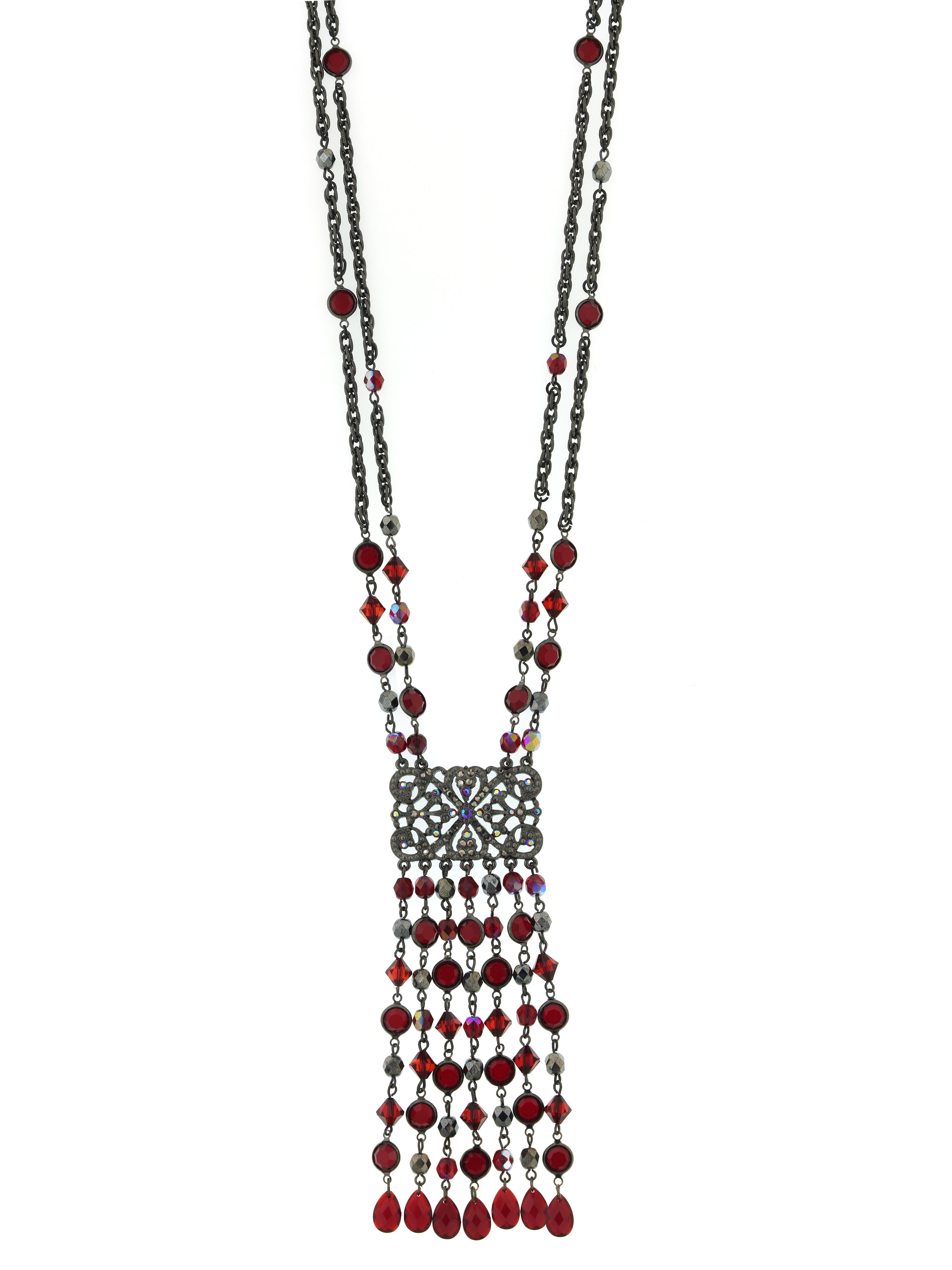 2028 Jewelry Siam Ab Crystal And Hematite Fringe Tassel Necklace 30"