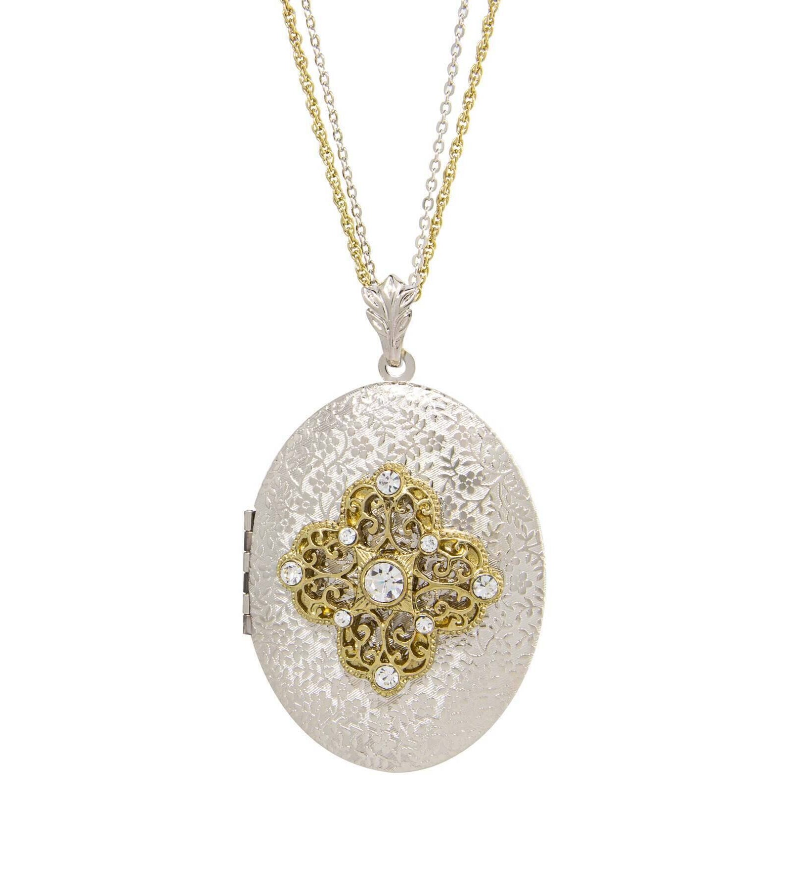 1928 Jewelry Oval Floral Filigree & Crystal Photo Locket Necklace 32"