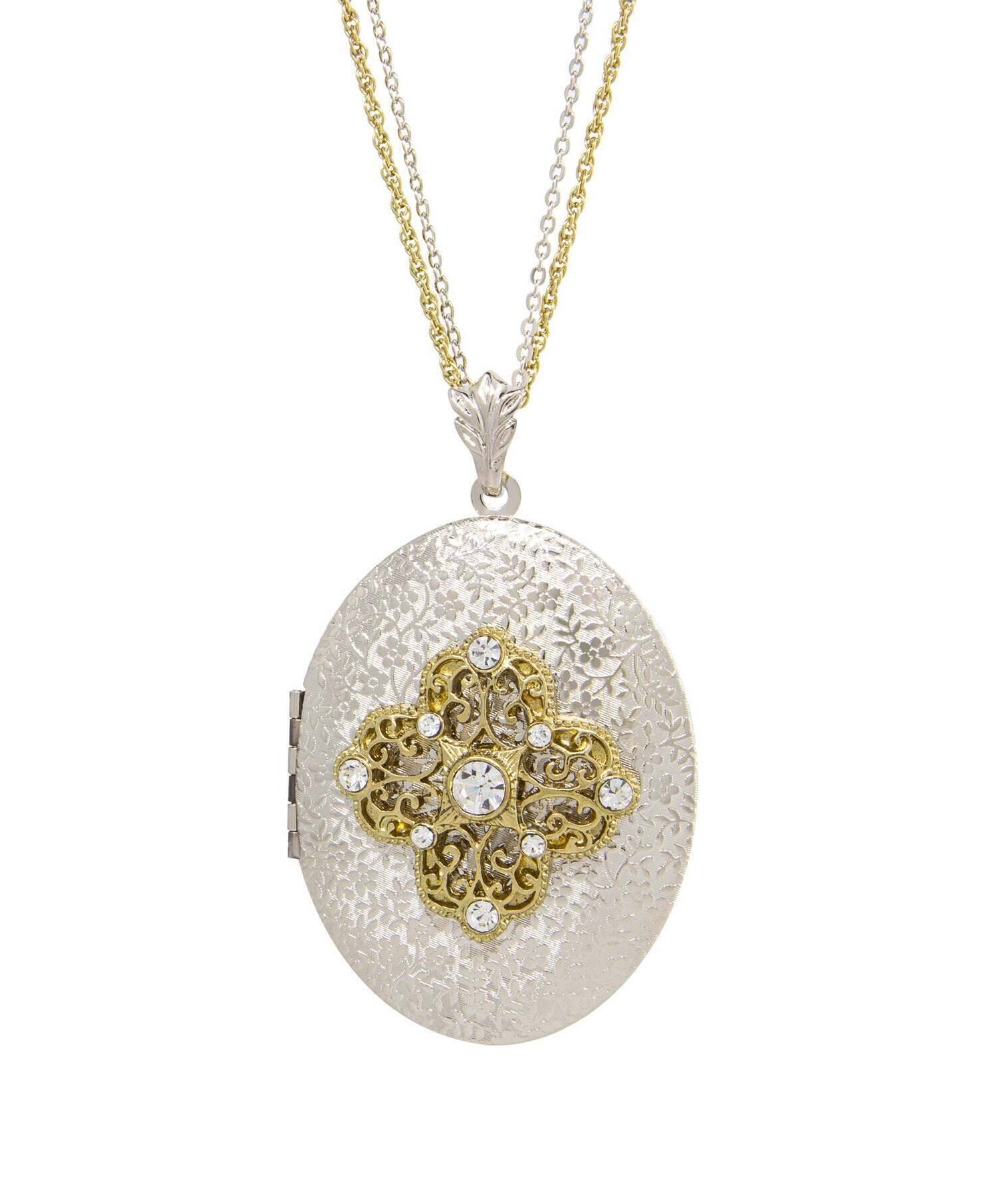 1928 Jewelry Oval Floral Filigree & Crystal Photo Locket Necklace 32"