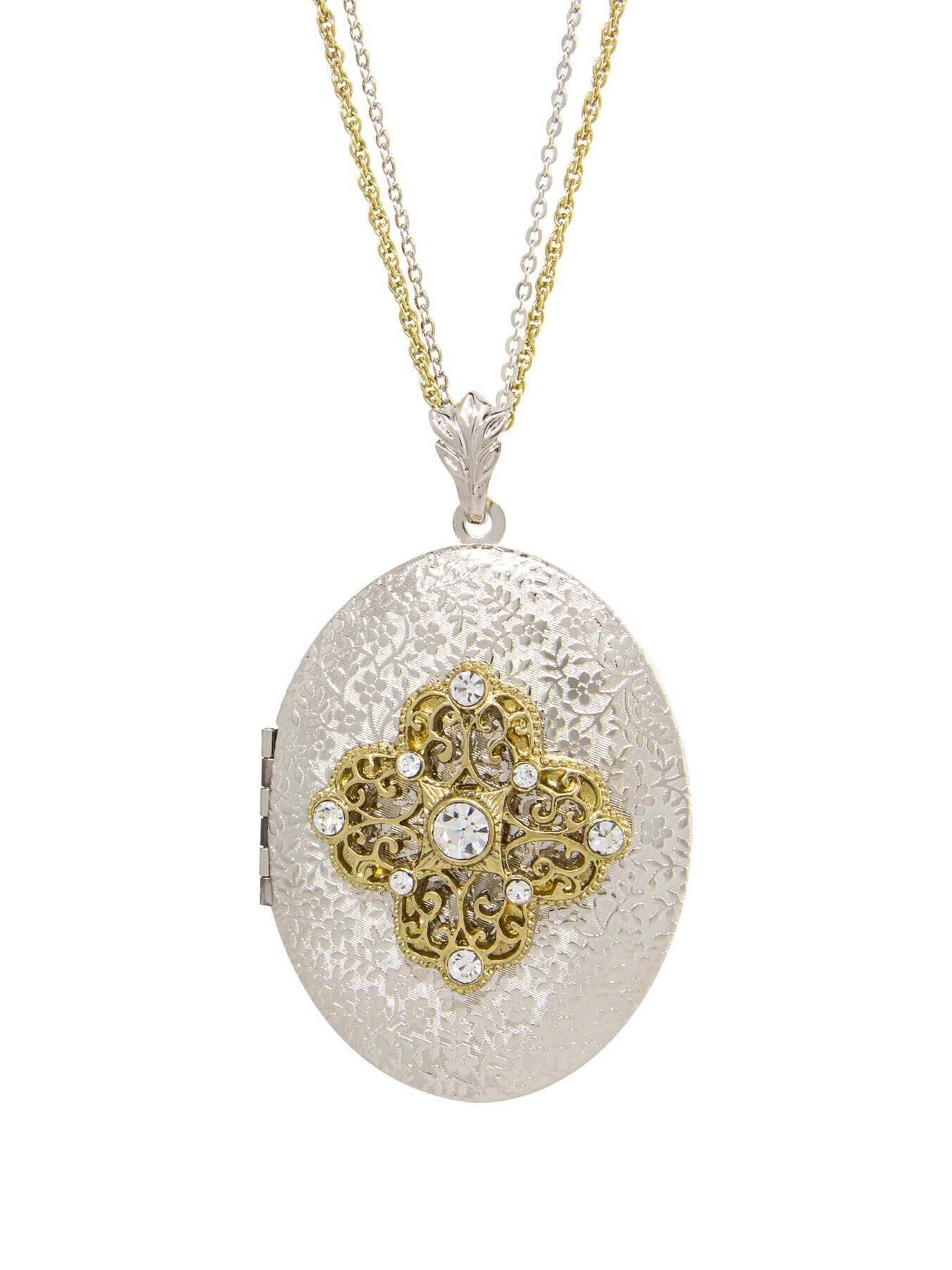 1928 Jewelry Oval Floral Filigree & Crystal Photo Locket Necklace 32"