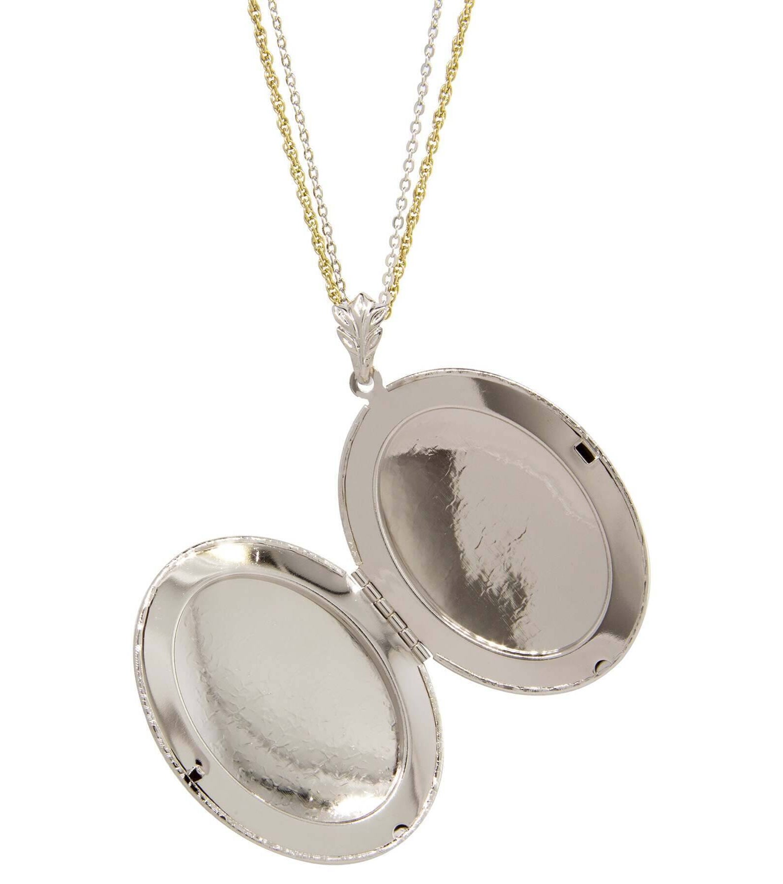 1928 Jewelry Oval Floral Filigree & Crystal Photo Locket Necklace 32"