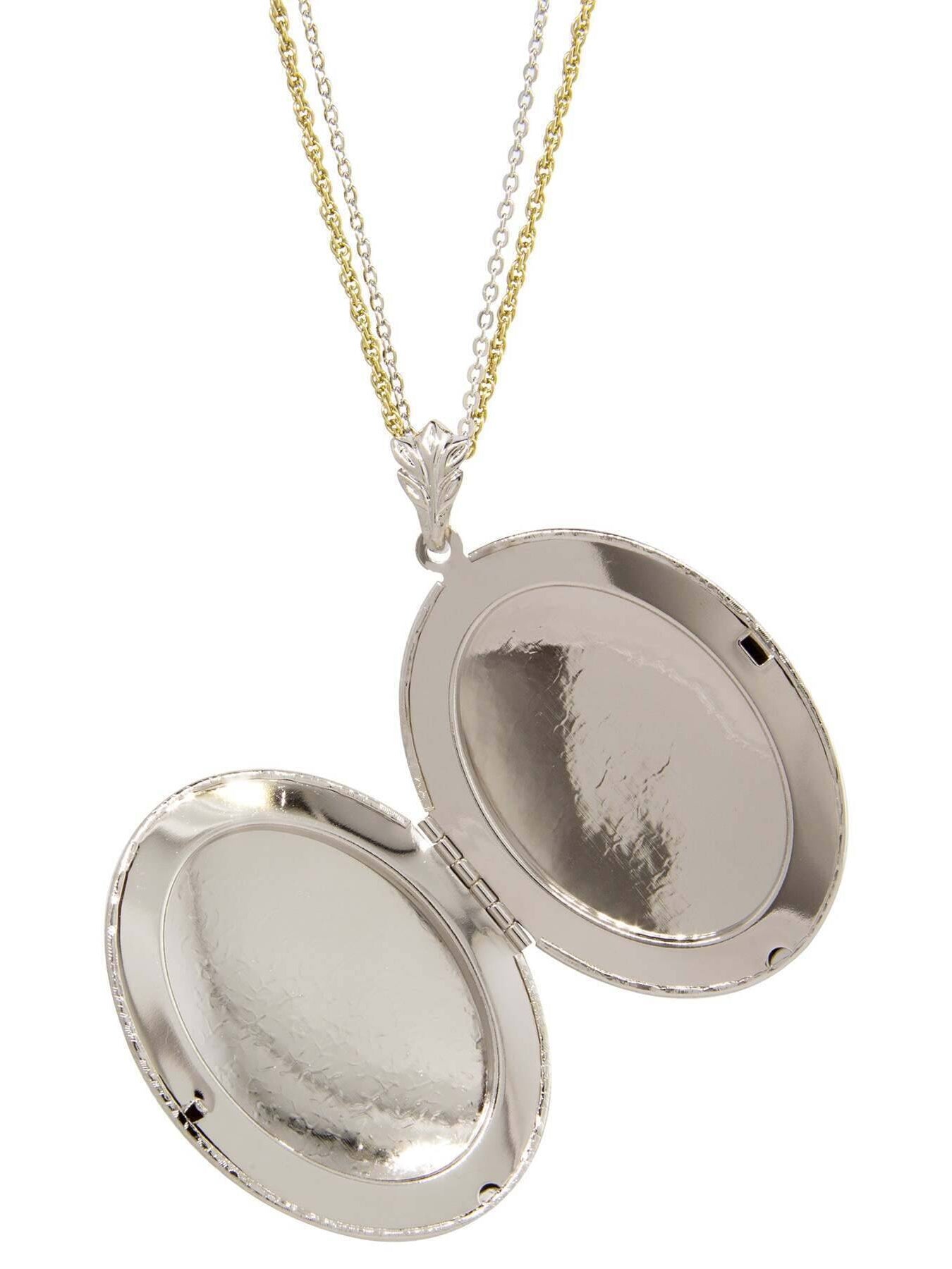 1928 Jewelry Oval Floral Filigree & Crystal Photo Locket Necklace 32"