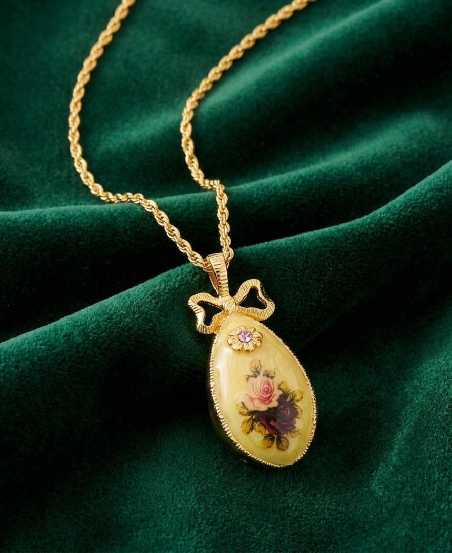 Gold necklace with a decorative floral pendant and pink crystal on a green fabric background