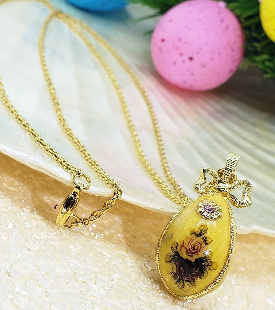 1928 Jewelry Manor House Rose Faberge Style Egg Pendant Necklace 36"