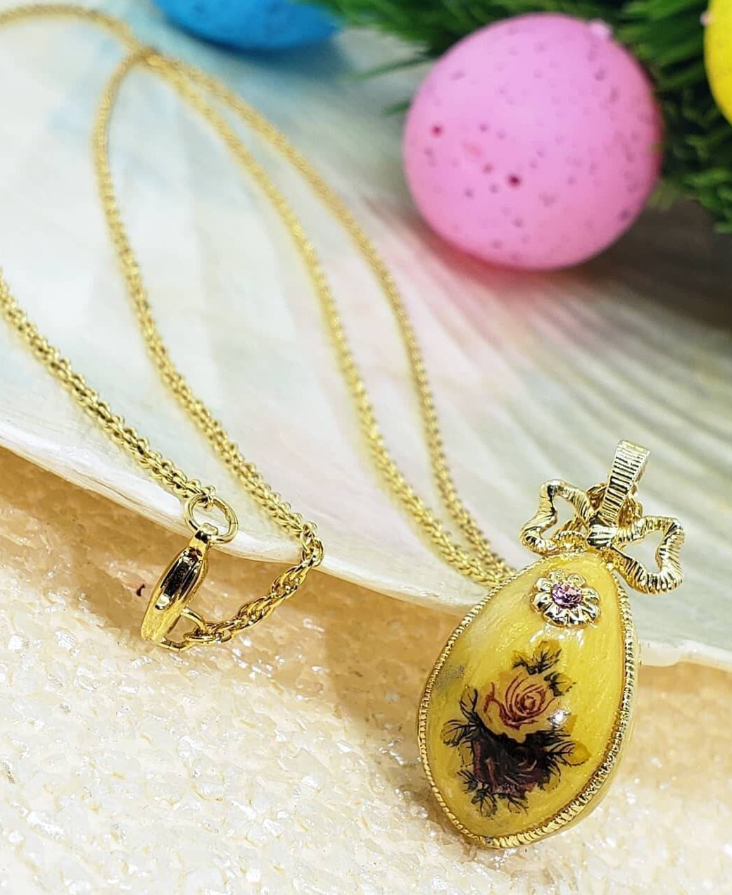 1928 Jewelry Manor House Rose Faberge Style Egg Pendant Necklace 36"