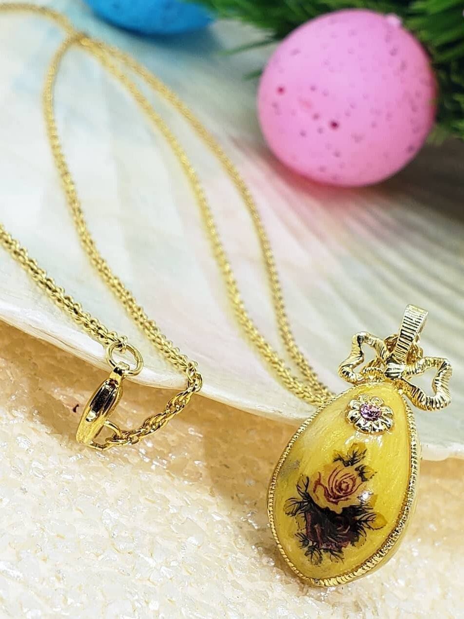 1928 Jewelry Manor House Rose Faberge Style Egg Pendant Necklace 36"