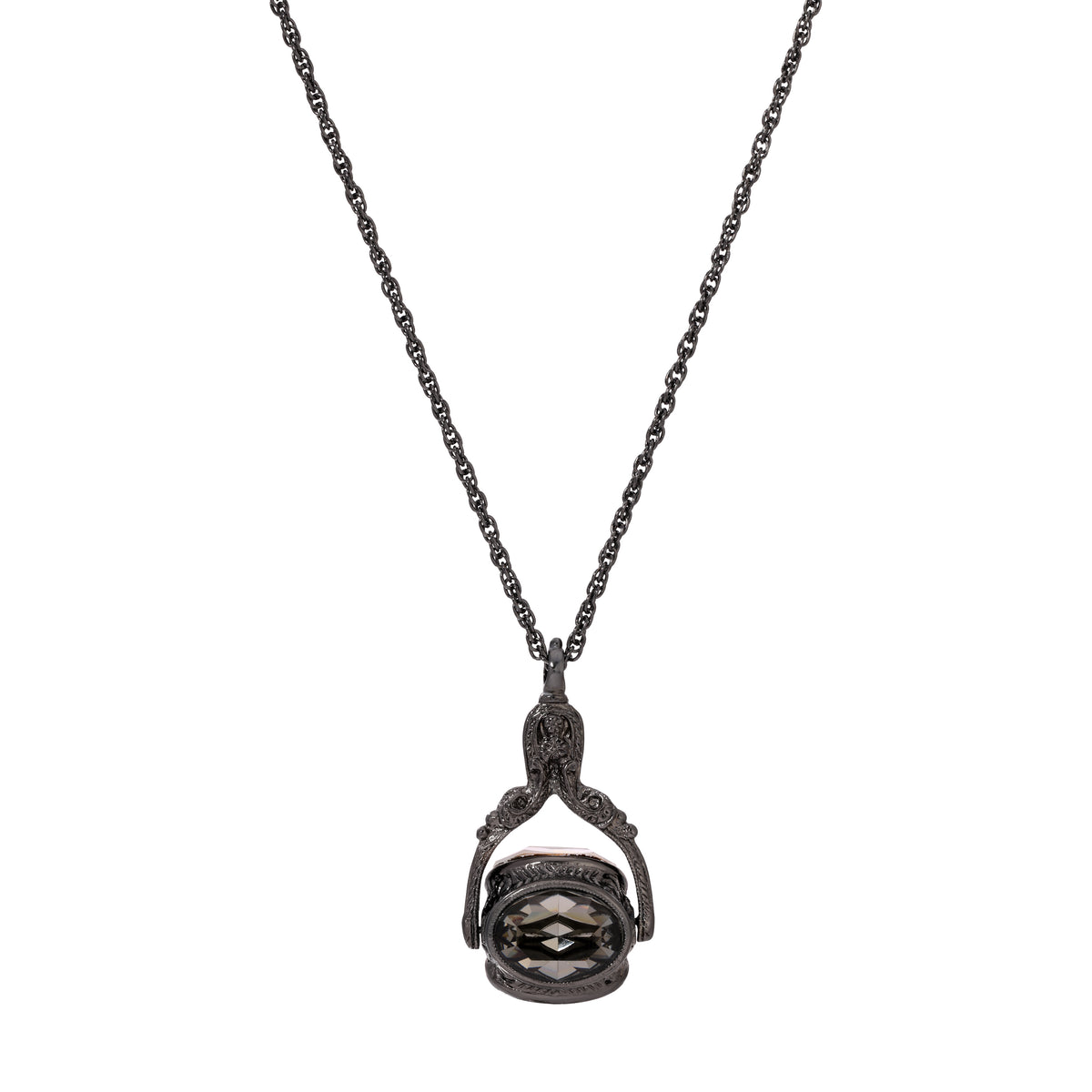 Black Tone Vintage-Inspired Rotating 3 Sided Black Crystal Spinner Pendant Necklace 30" - Black
