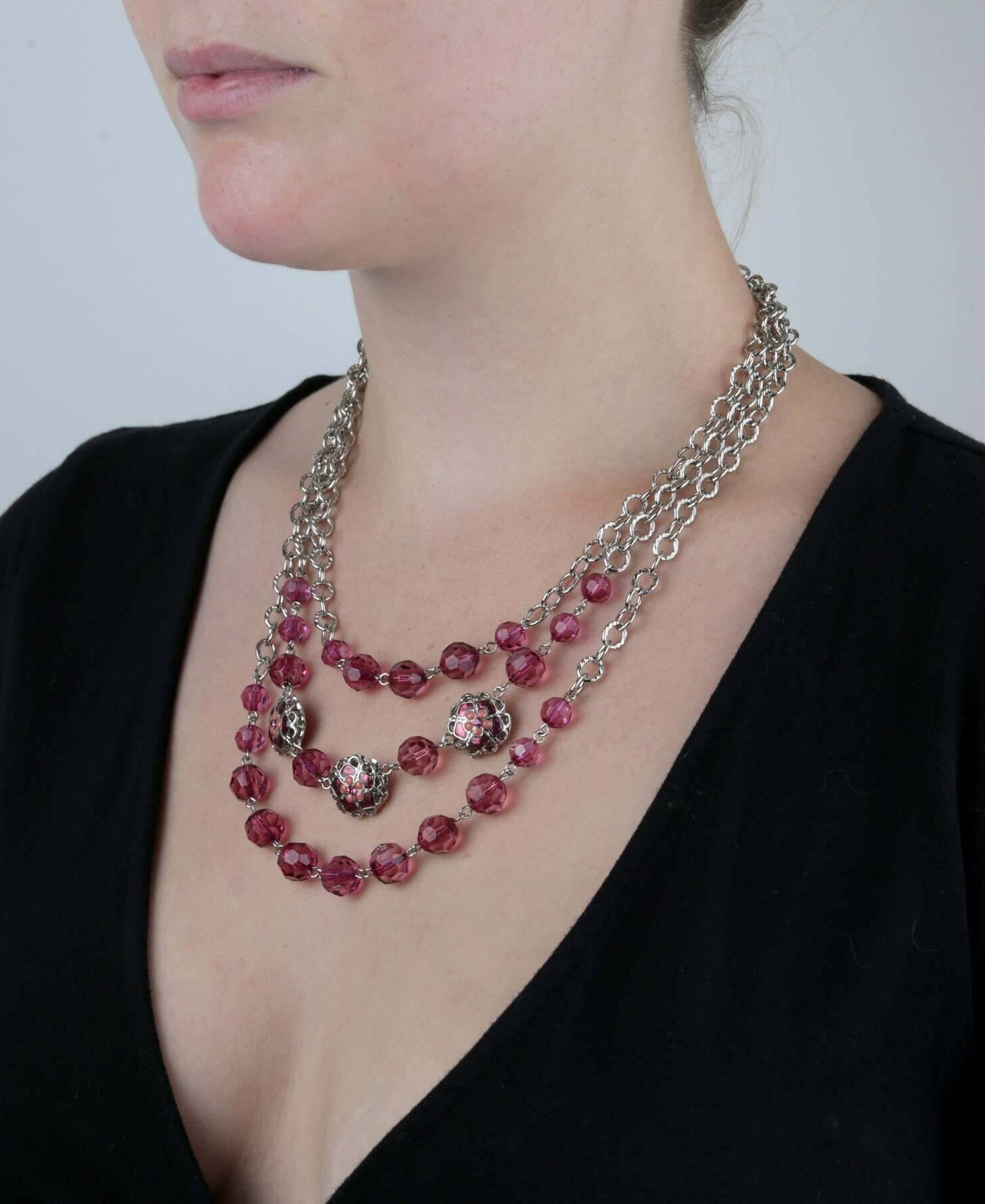 2028 Jewelry Purple Amethyst Fuchsia Triple Row Beaded Strand Necklace 16"