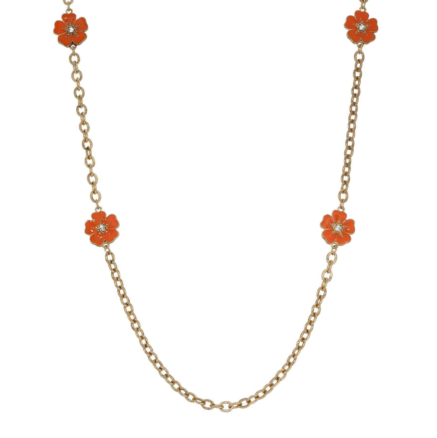 2028 Jewelry Hibiscus Flower Hand Enameled Link Chain Necklace 40"