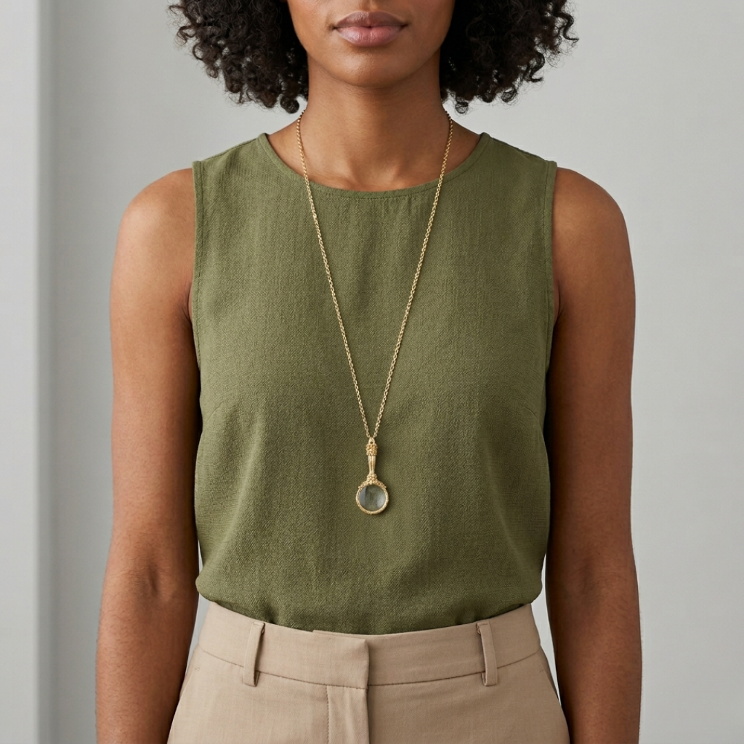 Woman wearing a green sleeveless top and beige pants with a gold magnifying glass necklace against a neutral background