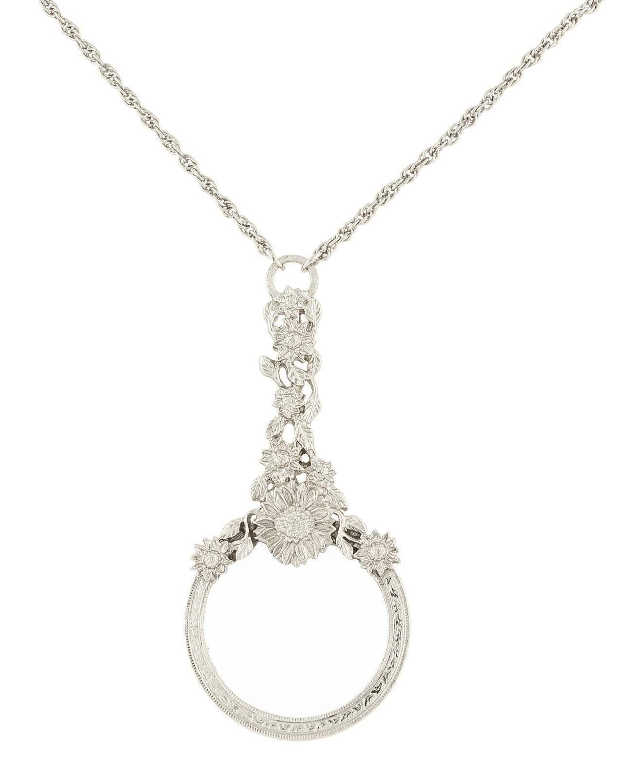1928 Jewelry Magnifying Glass With Flower Accents Necklace 30" - Magnification Power: 2-3x