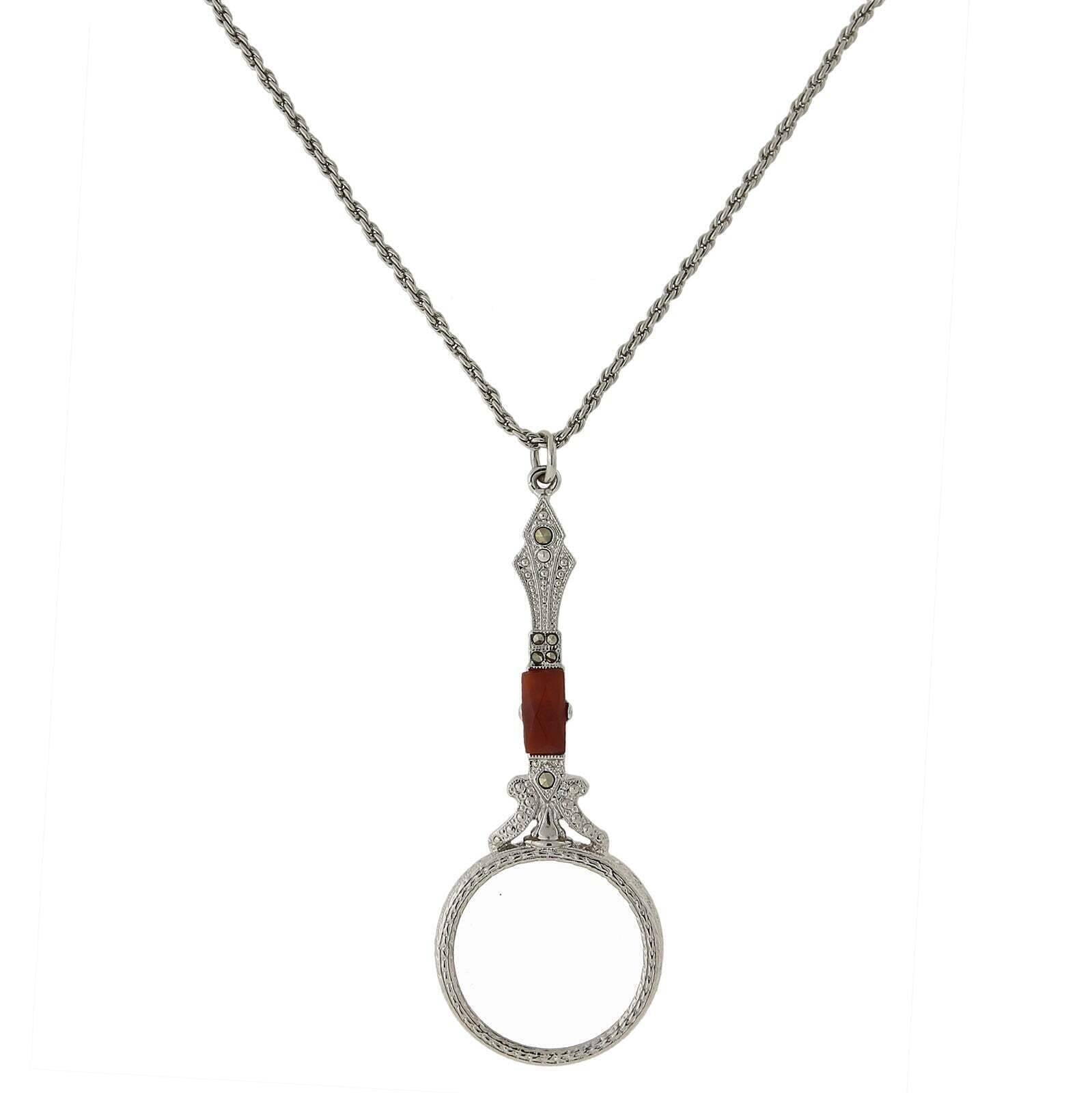 1928 Jewelry Deco Marcasite Baguette Stone Round Magnifying Glass Necklace 28" - Magnification Power: 6-7X