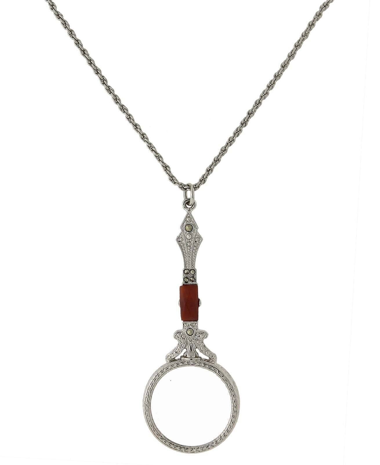 1928 Jewelry Deco Marcasite Baguette Stone Round Magnifying Glass Necklace 28" - Magnification Power: 6-7X