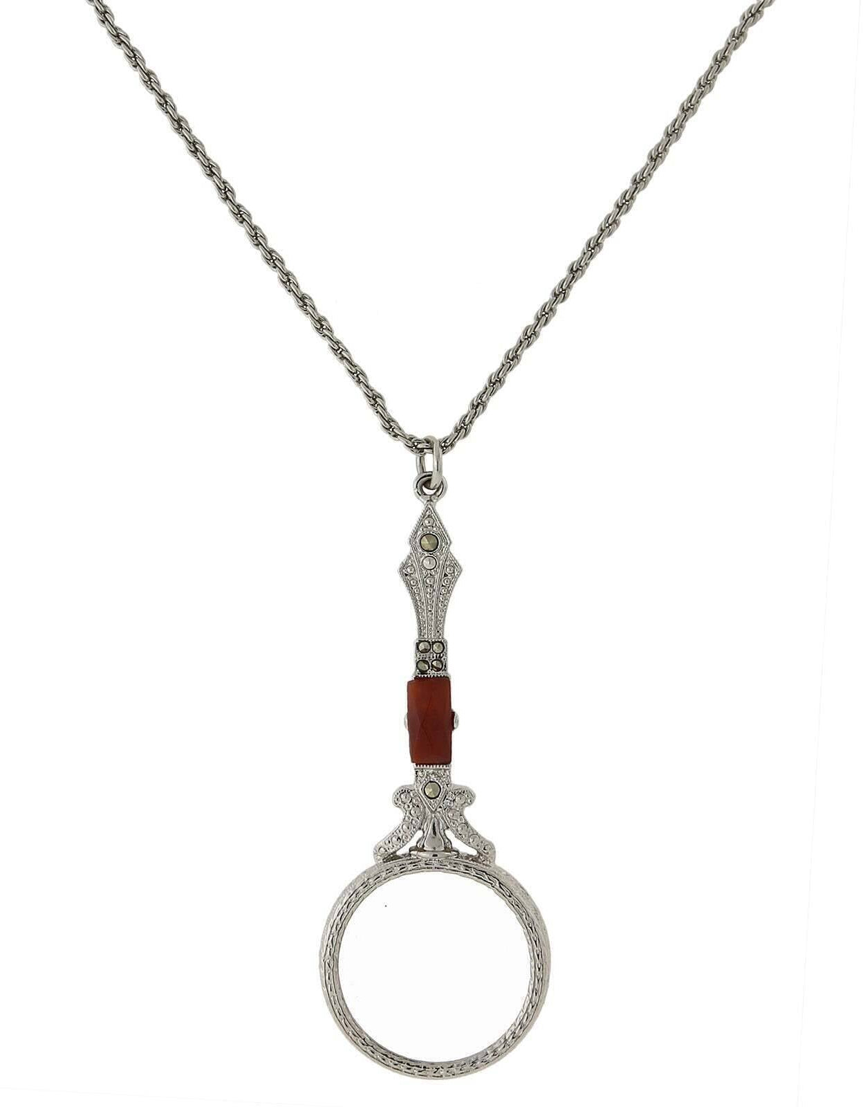 1928 Jewelry Deco Marcasite Baguette Stone Round Magnifying Glass Necklace 28" - Magnification Power: 6-7X