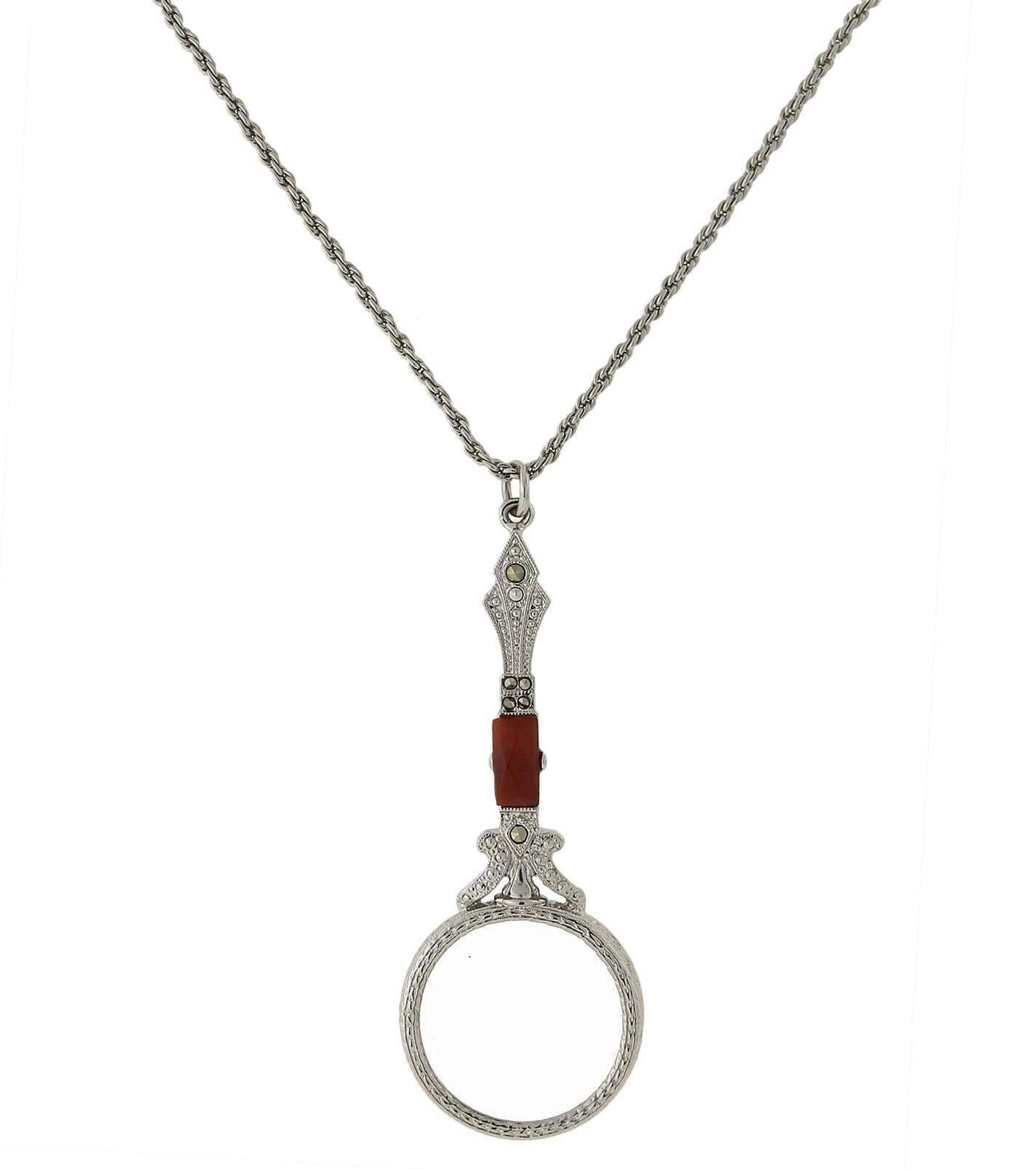 1928 Jewelry Deco Marcasite Baguette Stone Round Magnifying Glass Necklace 28" - Magnification Power: 6-7X