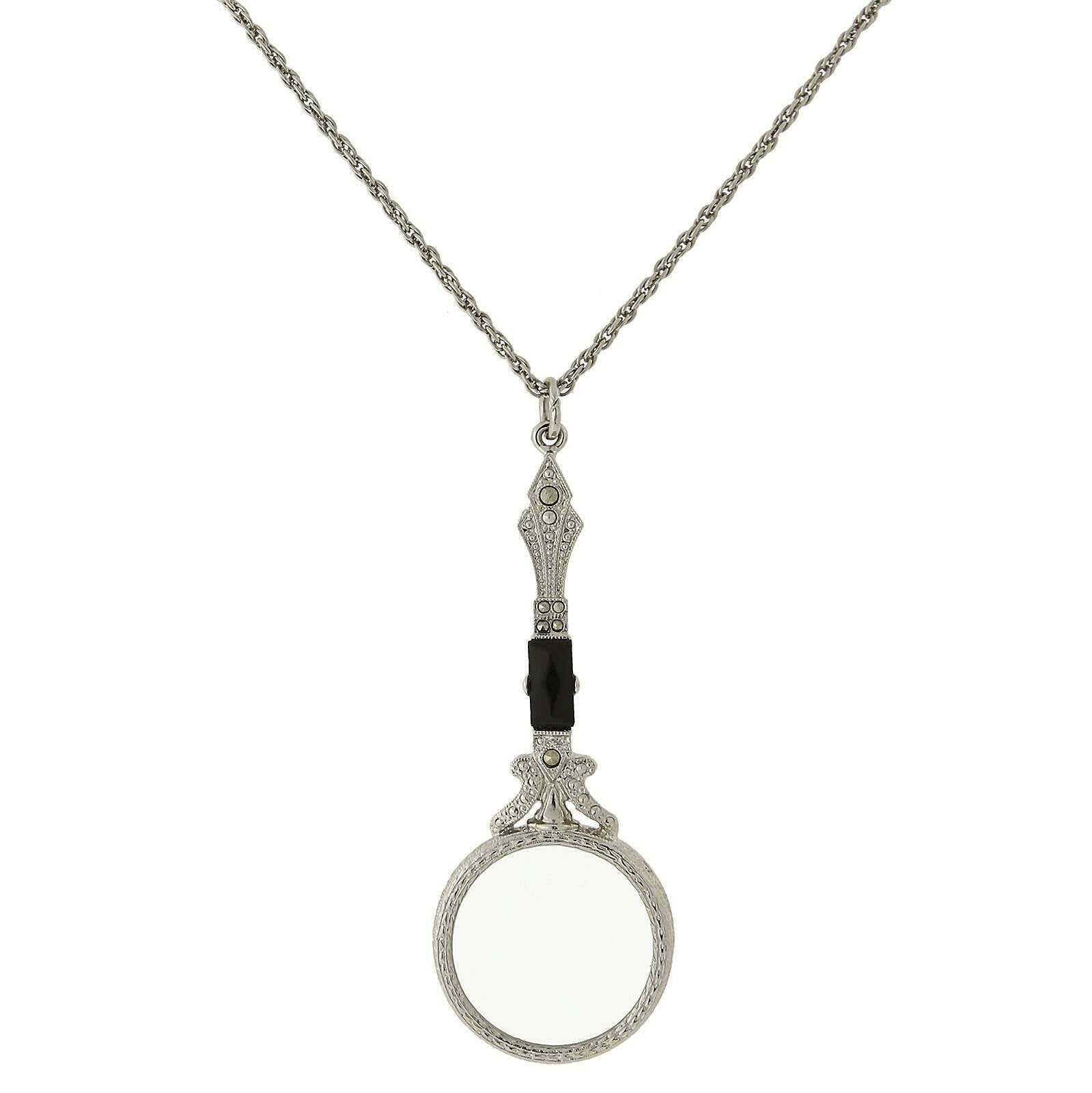 1928 Jewelry Deco Marcasite Baguette Stone Round Magnifying Glass Necklace 28" - Magnification Power: 6-7X