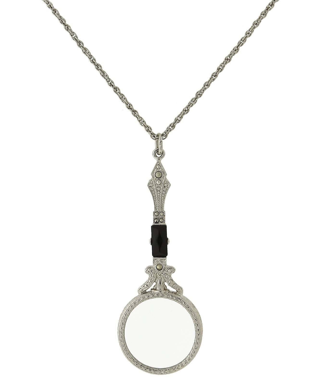 1928 Jewelry Deco Marcasite Baguette Stone Round Magnifying Glass Necklace 28" - Magnification Power: 6-7X