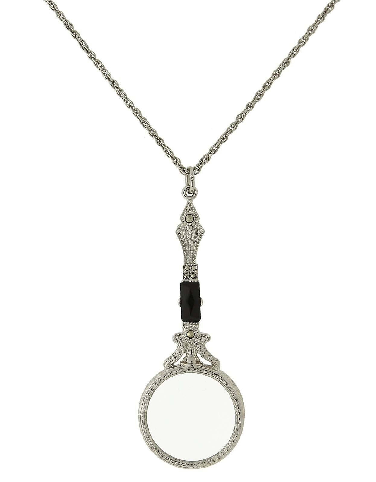 1928 Jewelry Deco Marcasite Baguette Stone Round Magnifying Glass Necklace 28" - Magnification Power: 6-7X