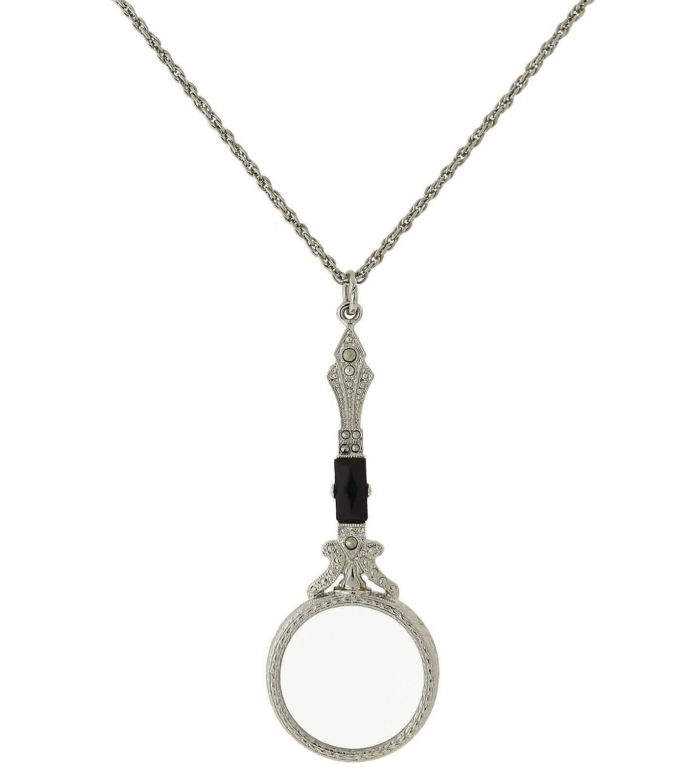 1928 Jewelry Deco Marcasite Baguette Stone Round Magnifying Glass Necklace 28" - Magnification Power: 6-7X