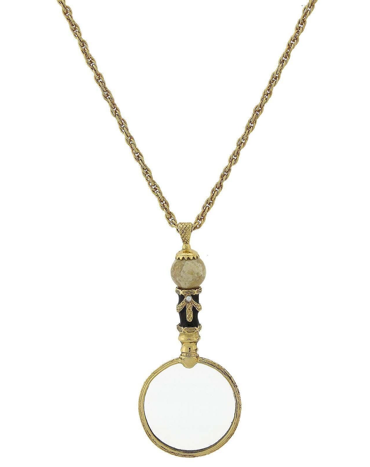 1928 Jewelry Deco Magnifying Glass Gemstone Black Enamel Pendant Necklace 30" - Magnification Power: 2X