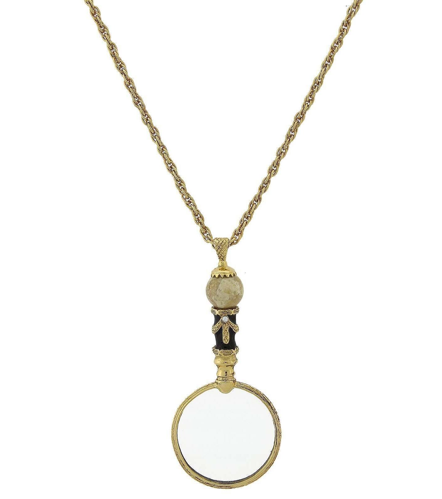 1928 Jewelry Deco Magnifying Glass Gemstone Black Enamel Pendant Necklace 30" - Magnification Power: 2X