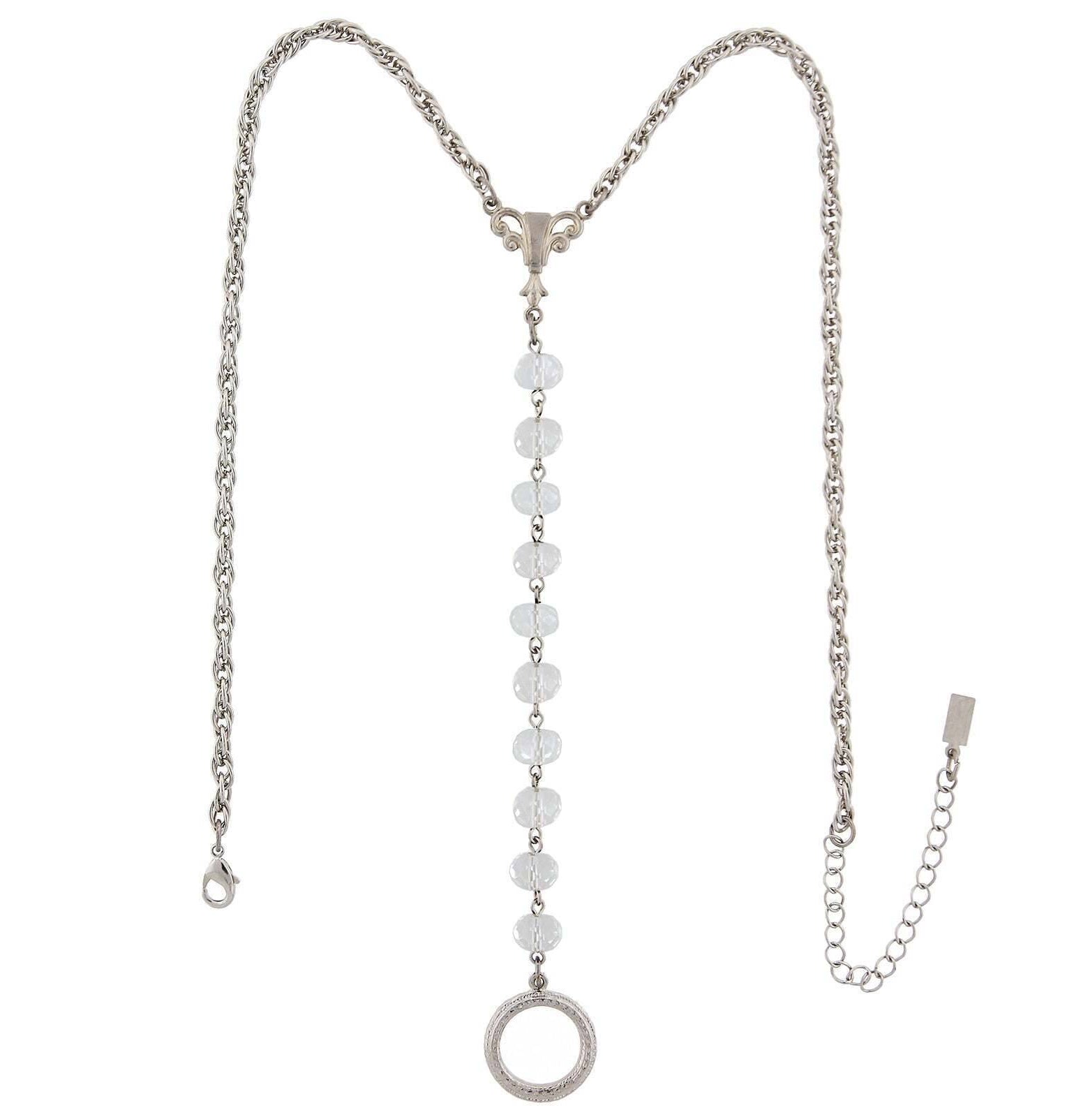 1928 Jewelry Crystal Rosary Badge And Eyeglass Holder Y-Necklace 16" + 3" Extender