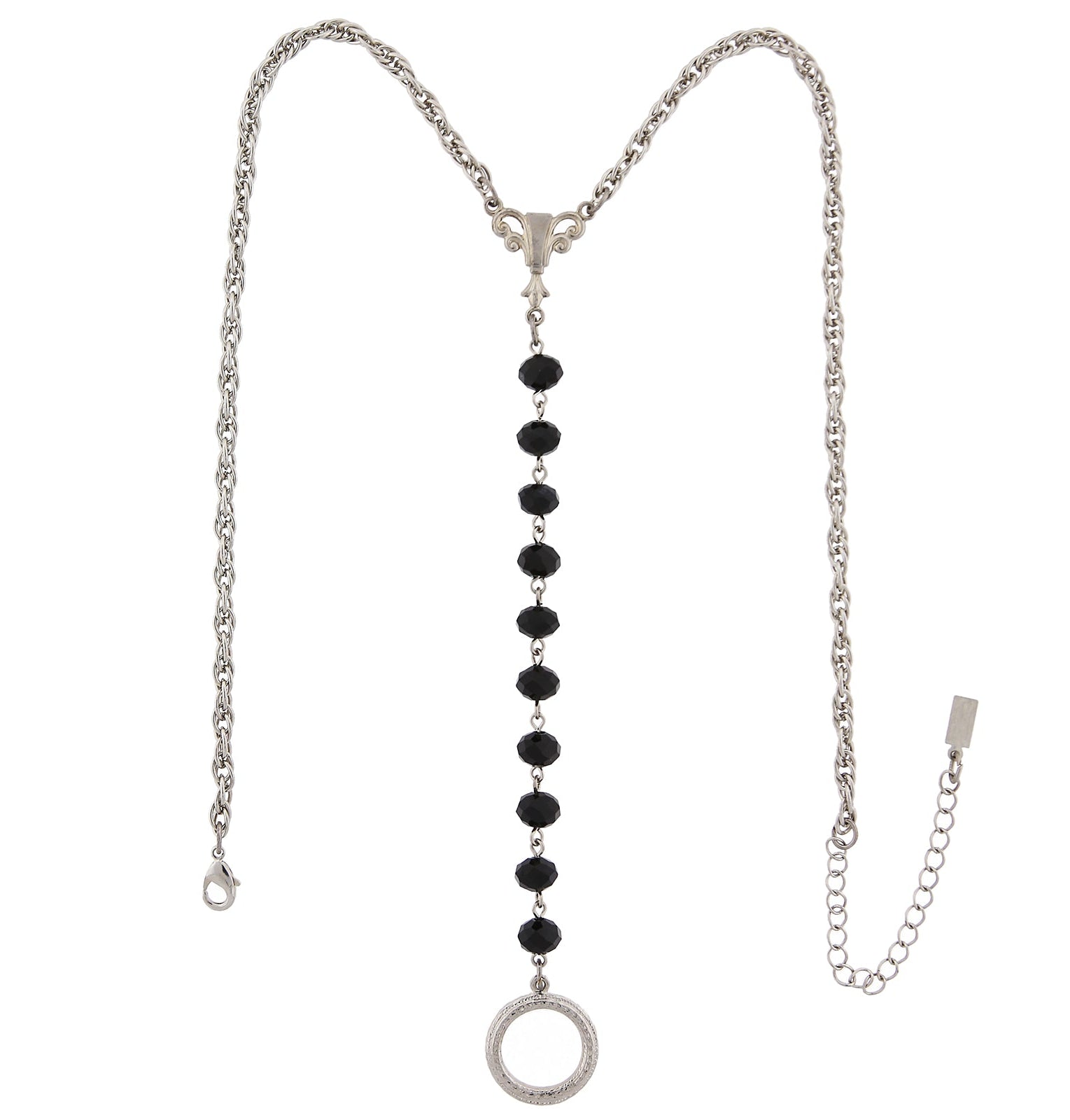 1928 Jewelry Crystal Rosary Badge And Eyeglass Holder Y-Necklace 16" + 3" Extender