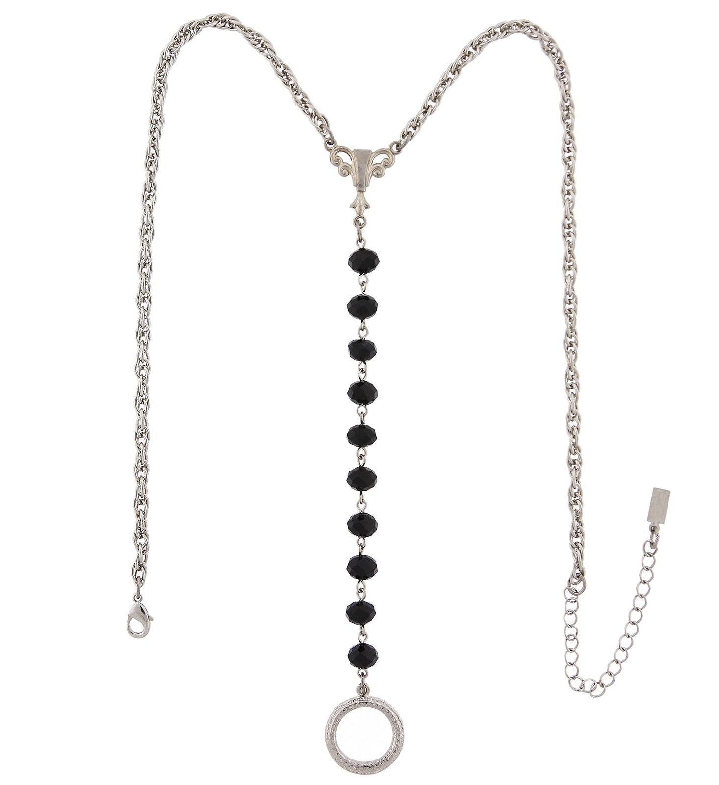 1928 Jewelry Crystal Rosary Badge And Eyeglass Holder Y-Necklace 16" + 3" Extender