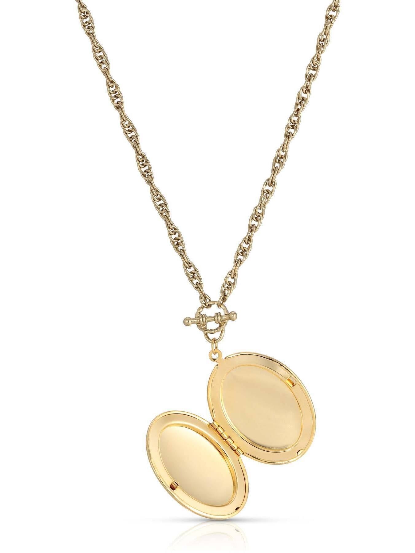 1928 Jewelry Oval Heirloom Euro Crystal Oval Stone Photo Locket Necklace 30"