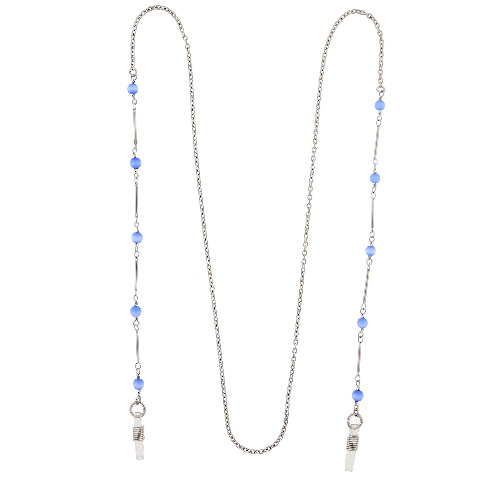 1928 Jewelry Blue Faux Cats Eye Bead Eyeglass Holder Chain Necklace 32"