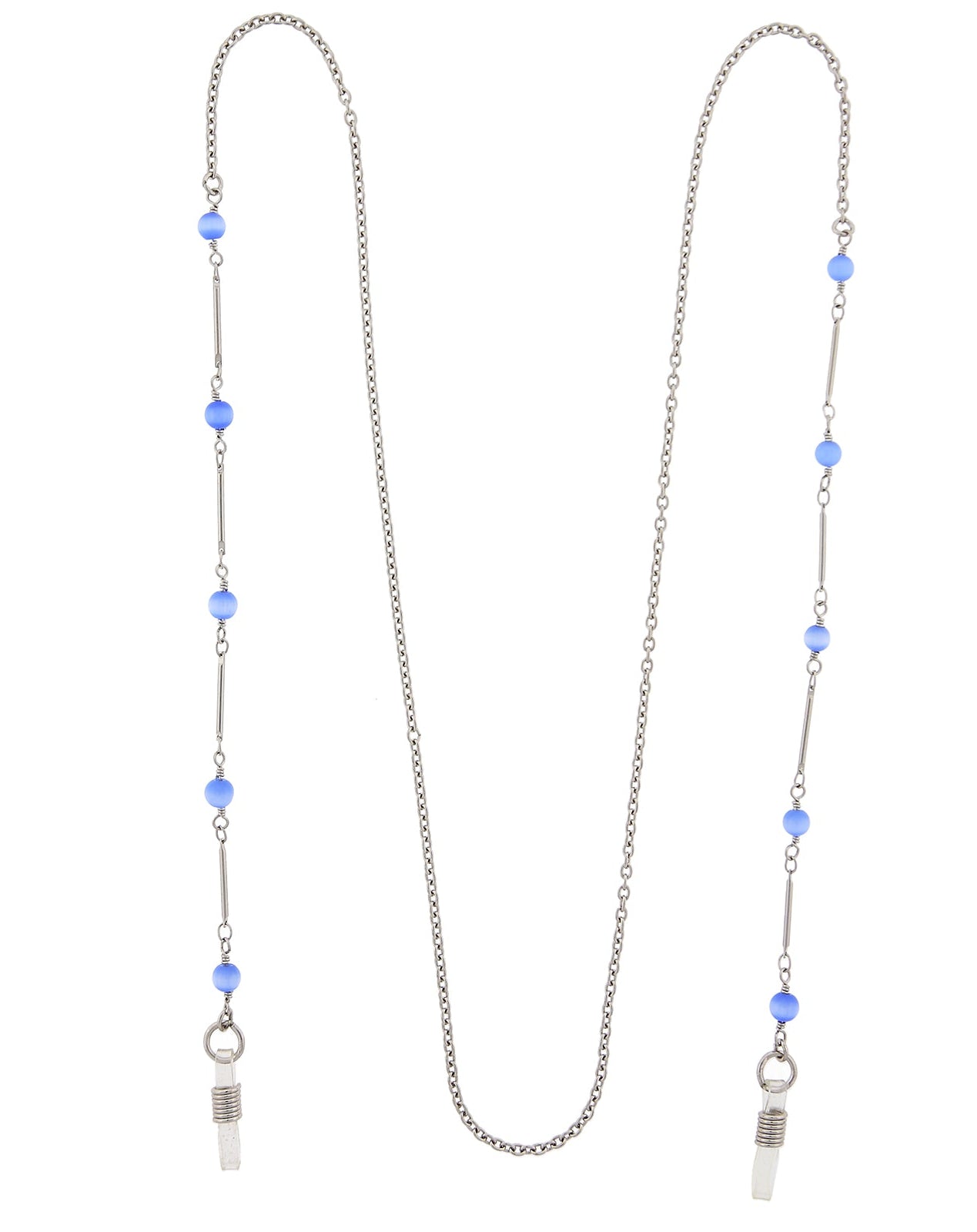 1928 Jewelry Blue Faux Cats Eye Bead Eyeglass Holder Chain Necklace 32"