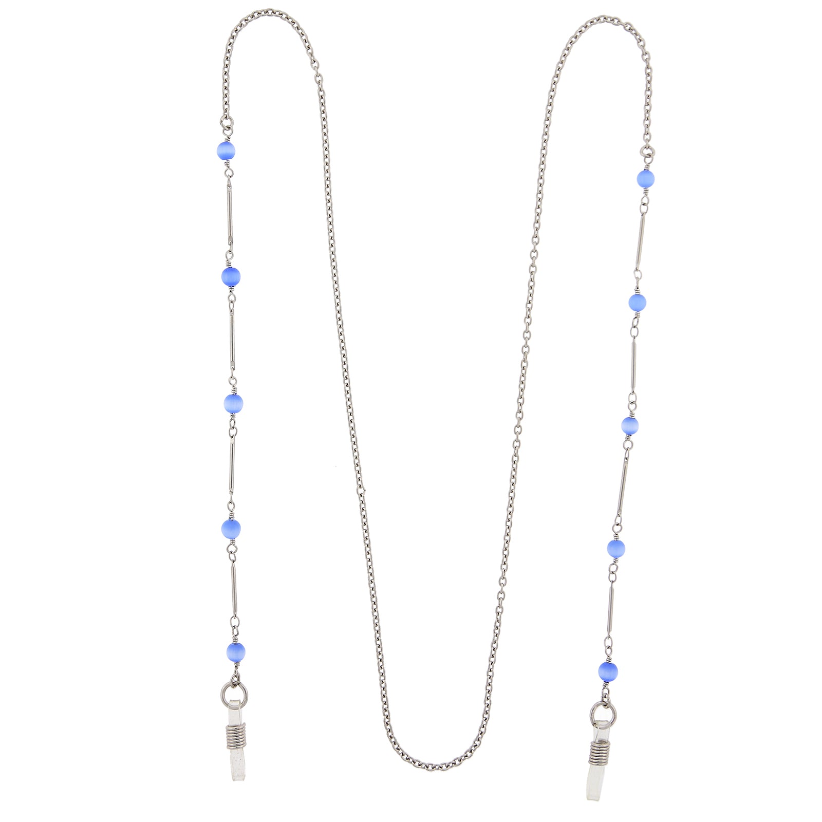 1928 Jewelry Blue Faux Cats Eye Bead Eyeglass Holder Chain Necklace 32"