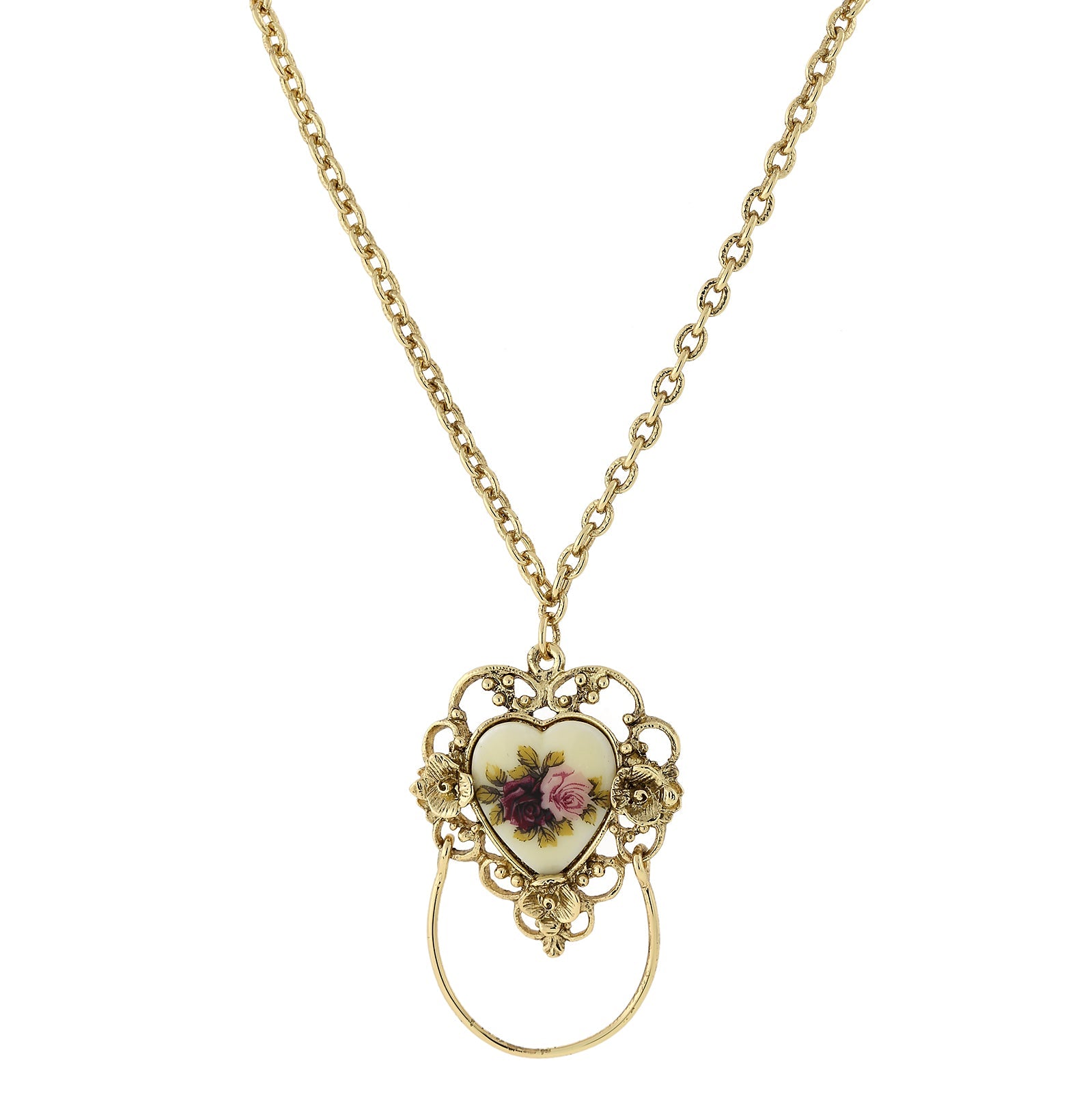 1928 Jewelry Manor House Ivory Floral Heart Decal, Badge And Eyeglass Holder Chain Necklace 30"