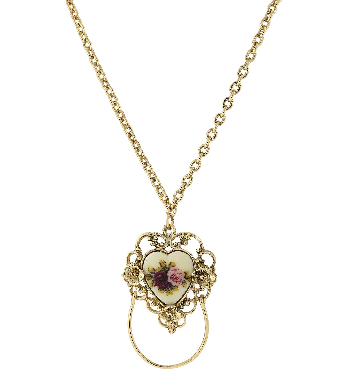 1928 Jewelry Manor House Ivory Floral Heart Decal, Badge And Eyeglass Holder Chain Necklace 30"