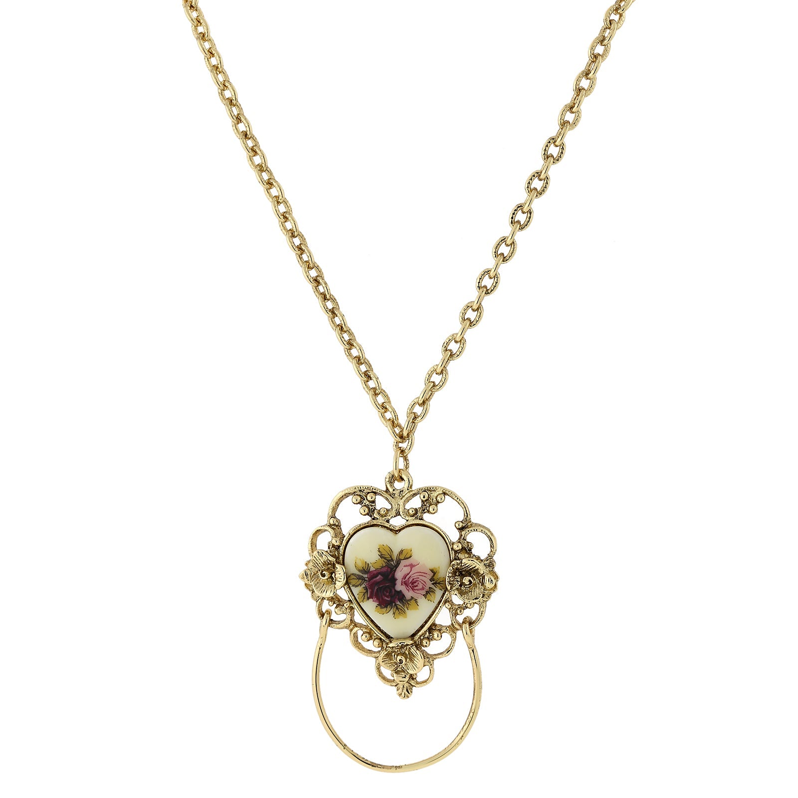 1928 Jewelry Manor House Ivory Floral Heart Decal, Badge And Eyeglass Holder Chain Necklace 30"